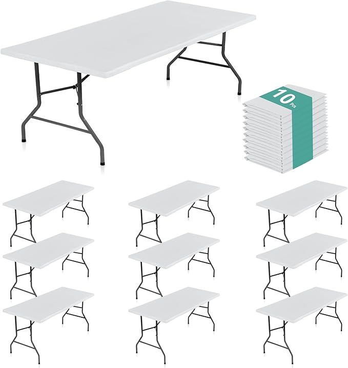 LUSHVIDA 10 Packs Vinyl Tablecloths with Flannel Backing for 6ft Rectangle Folding Table Cloths - Waterproof Plastic Picnic Table Covers with Elastic Corners, 30x72 inch, White