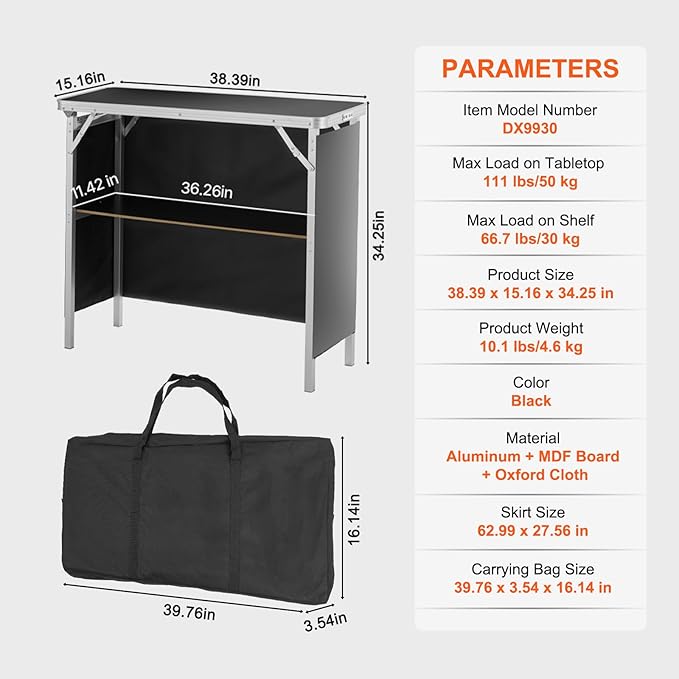 VEVOR Folding Portable Bar Table, Tradeshow Podium Table for Indoor, Outdoor, Party, Picnic, Exhibition, Includes Carrying Case, Storage Shelf and Black Skirt, 38.39" x 15.16" x 34.25"