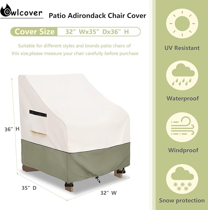 Patio Adirondack Chair Cover 32 W x 35 D x 36 H inches,600D Heavy Duty Waterproof Outdoor Chair Covers,Patio Furniture Covers for Adirondack Chair,Beige