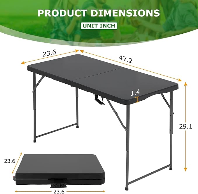 BestOffice 4 FT Picnic Table Folding Table Camping Plastic Table Fold Up Table Lock for Party Event, Black