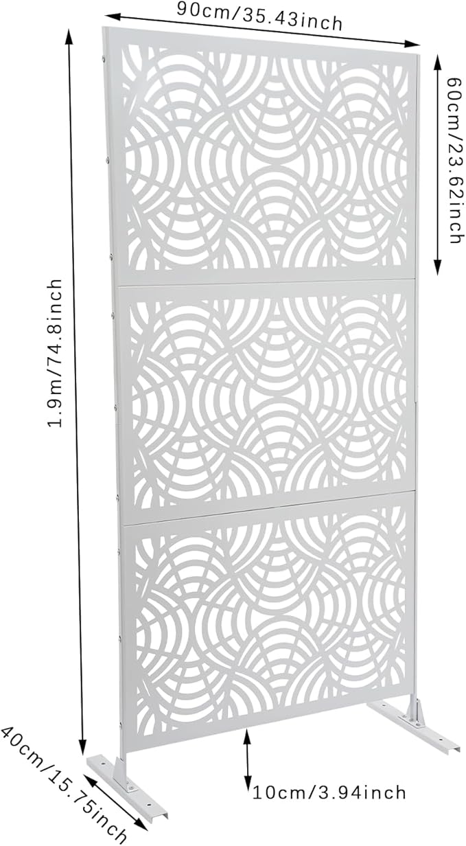 Metal Outdoor Privacy Screen with Stand,Freestanding Privacy Screen & Panels, Decorative Outdoor Divider with Stand Panels for Deck Patio Balcony (35.43 * 74.8in White)