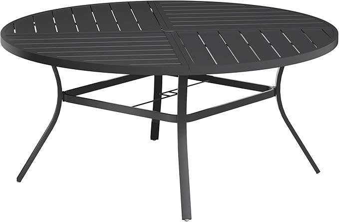 VICLLAX Round Patio Table with Adjustable Umbrella Hole for 8, All Weather Metal Outdoor Dining Table for Lawn Garden, 59.8" Outdoor Coffee Table, Black Tabletop