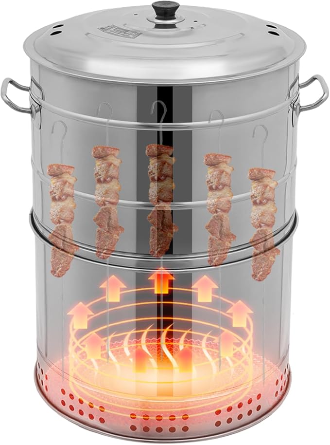 Large Portable Charcoal Grill Stainless Steel Multi-functional Charcoal Grill Barrel 360°Outdoor Barbecue Grill with 50 Skewers & 3 S Hooks for Camping, Picnic, Backyard