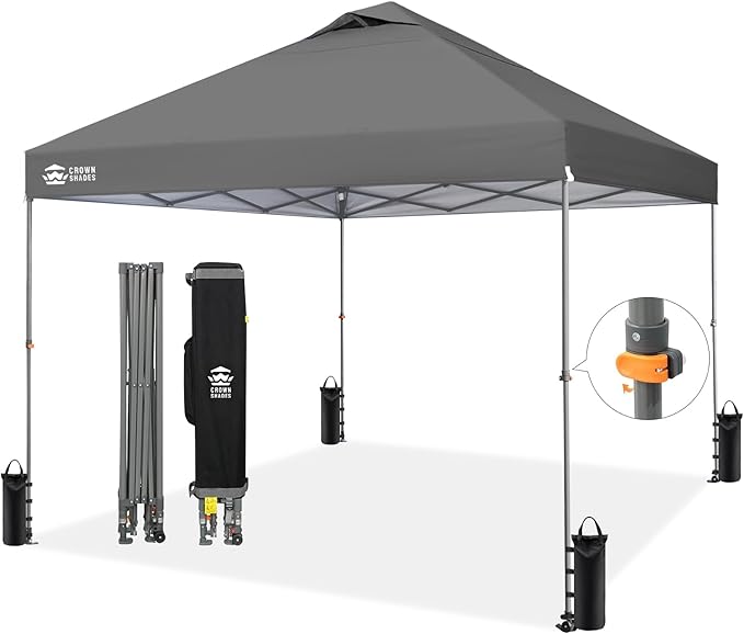 CROWN SHADES Adjustable Height on The Fly, 10x10 Pop Up Canopy - Beach Tent with One Push Setup - Easy Outdoor Sun Shade for Events, Parties, Camping - Outside Shade with STO-N-Go Bag, Grey