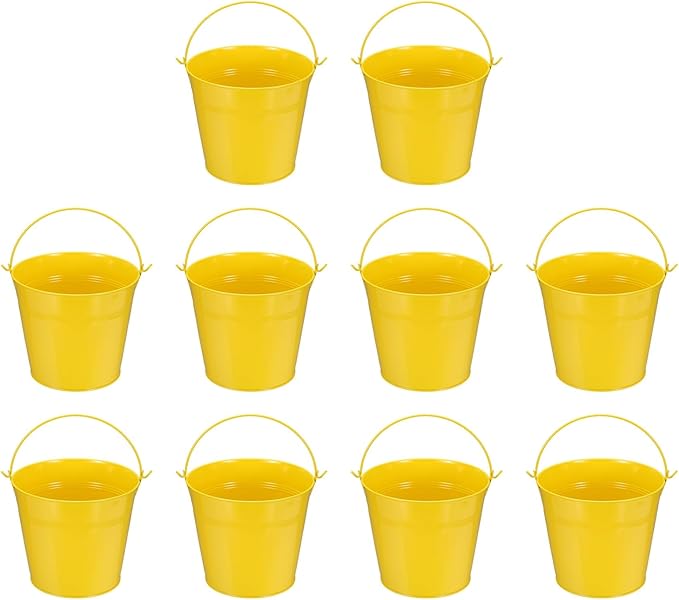 Small Metal Buckets, Mini Buckets with Handle Galvanized Colored Tin Pail Containers Basket Party Supplies - Fit for (Halloween - Classroom Crafts) 5" & 10Pcs & Yellow