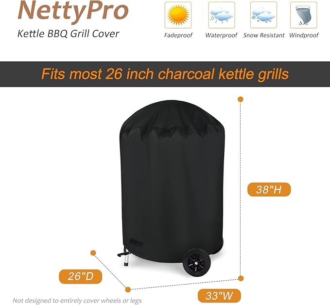 NettyPro Grill Cover for Charcoal Kettle Grill 26 inch, Heavy Duty Waterproof Outdoor Round Smoker Cover, 33" W x 27" D x 38" H, Black