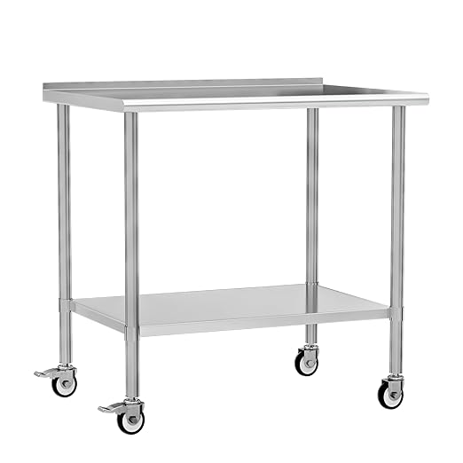 Stainless Steel Work Table with Wheels, 30x48 Inch NSF Food Prep Table with Backsplash & Adjustable Undershelf for Kitchen, Restaurant, Garage