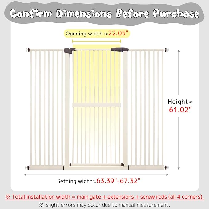 Lumizone Extra Tall Cat Gate 61.02" High Pressure Mounted Extra Wide 63.39"-67.32" (17Sizes) 1.37" Gap No Drilling Auto-Close Tall Pet Gate for Dogs (Cream, 63.39"-67.32" W)