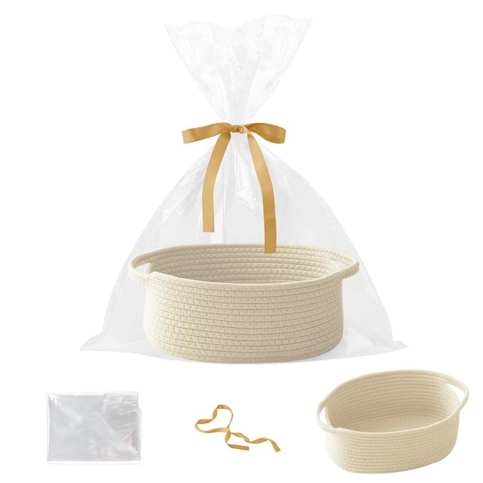 Gift Basket with Gift Bag and Ribbons,Small Rope Woven Shelf Storage,Baskets for Gifts Empty,Birthday,Baby Shower,Decorative Organizer Box with Handles(Cream)