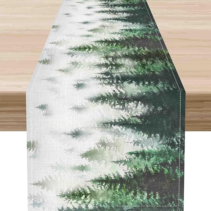 Green Forest Table Runner, Rustic Farmhouse Green Pine Tree Woodland Seasonal Mountain Country Coffee Table Center Decor for Home Kitchen Dining Patio Holiday Party Table Decorations, 13"x90" Inch