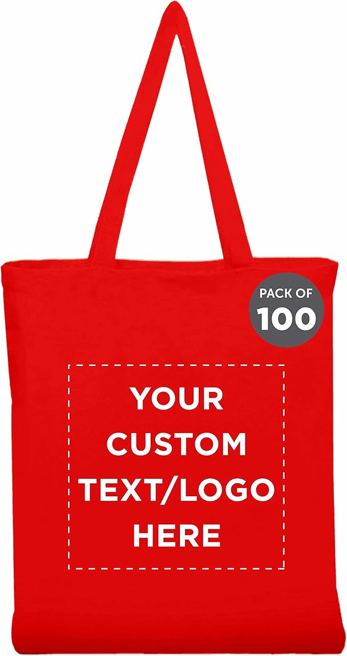 DISCOUNT PROMOS Custom Cotton Canvas Tote Bags Set of 100, Personalized Bulk Pack - Reusable, Great for Shopping, Grocery, Beach, Picnic, Wedding Favors - Red