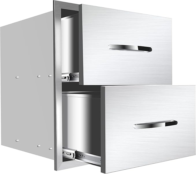 Outdoor Kitchen Drawers, Box Frame Style Flush Mount BBQ Drawer w/Stainless Steel Handle, BBQ Island Drawers For Patio Grill Station,Double Drawers
