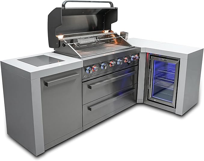 Mont Alpi MAi805-D90FC 44-inch 6-Burner 115000 BTU 90 Degree Corner Deluxe Stainless Steel Gas Outdoor Barbecue Island Grill w/Lockable Compact Refrigerator + Infrared Side Burner + Rotisserie Kit