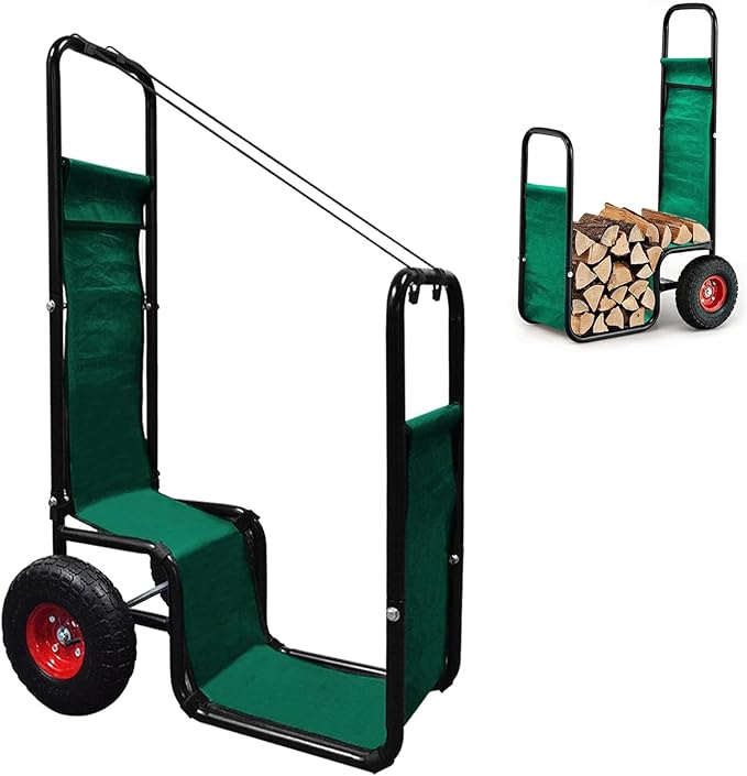 Firewood Cart with Pneumatic Wheel: 44 X 27 X 20 in Heavy Duty 220 lbs Load Capacity Waterproof Easy Assembly Rack for Indoor Garden Backyard Fireplace Men Women Use with Rubber Wheels
