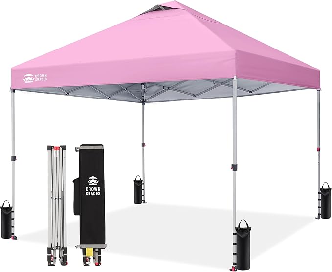 CROWN SHADES 10x10 Pop Up Canopy - Beach Tent with One Push Setup - Easy Outdoor Sun Shade for Events, Parties, Camping - Gazebo with STO-N-Go Cover Bag, Silver Coated Top, Pink