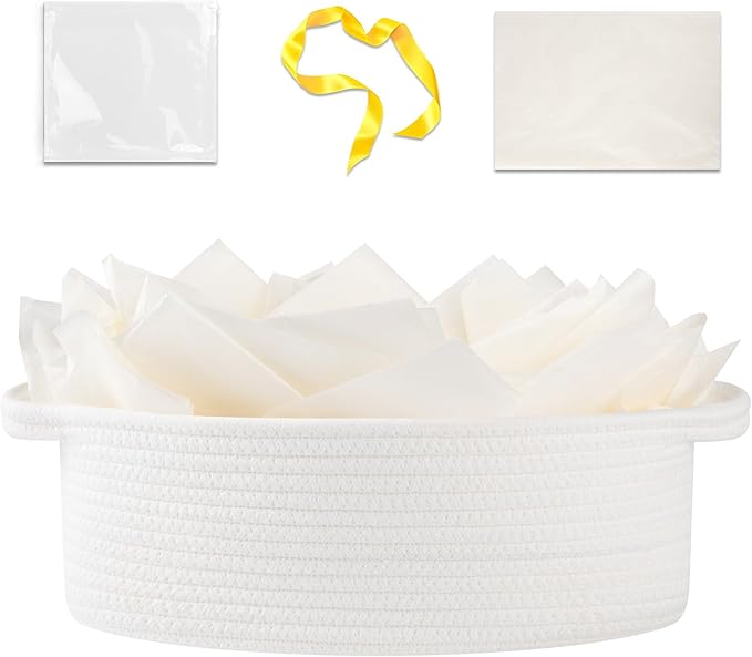 OIAHOMY Gift Basket Empty with Handle, 13.4"x 10"x 5.5" Small Woven Basket with Gift Bag, Ribbon and Wrap Tissue Paper, Dog Toy Storage for Organizing - White