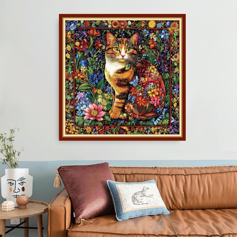 Foxhool Beginners Cross Stitch Kits Stamped Full Range of Embroidery Kits for Adults DIY Cross Stitches kit Embroidery Patterns for Needlepoint kit-Colorful Flower Cat 18x18 inch