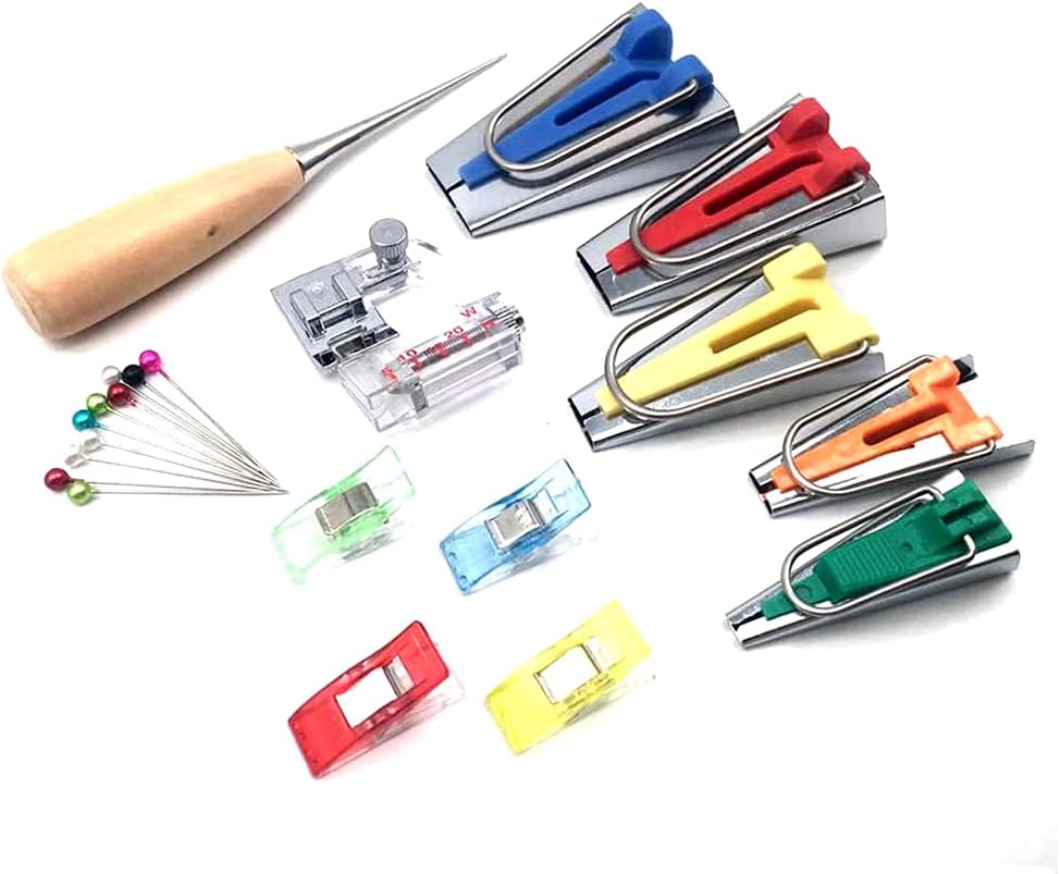 Bias Tape Maker Set,LNKA 5 Sizes 1/4" 3/8" 1/2" 3/4" 1" Bias Maker Kits with Instruction, Binding Foot,Awl,Clips, Bead Needles- for quiltmaking and Fabric fold bias Strips