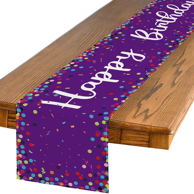Artoid Mode Polka Dot Purple Happy Birthday Table Runner, Seasonal Kitchen Dining Table Decoration for Home Party Decor 13x72 Inch