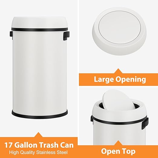 GarveeHome 17 gal/65 L Swing Top Trash Can, Stainless Steel Rubbish Bin, Commercial Grade Waste Container, Round Garbage Can for Outdoor, Home Office, Restaurant, White