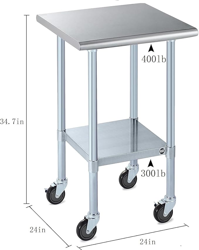 ROCKPOINT Stainless Steel Table for Prep & Work with Caster Wheels 24x24 Inches, NSF Metal Commercial Kitchen Heavy Duty Table with Adjustable Under Shelf and Table Foot for Restaurant, Home and Hotel