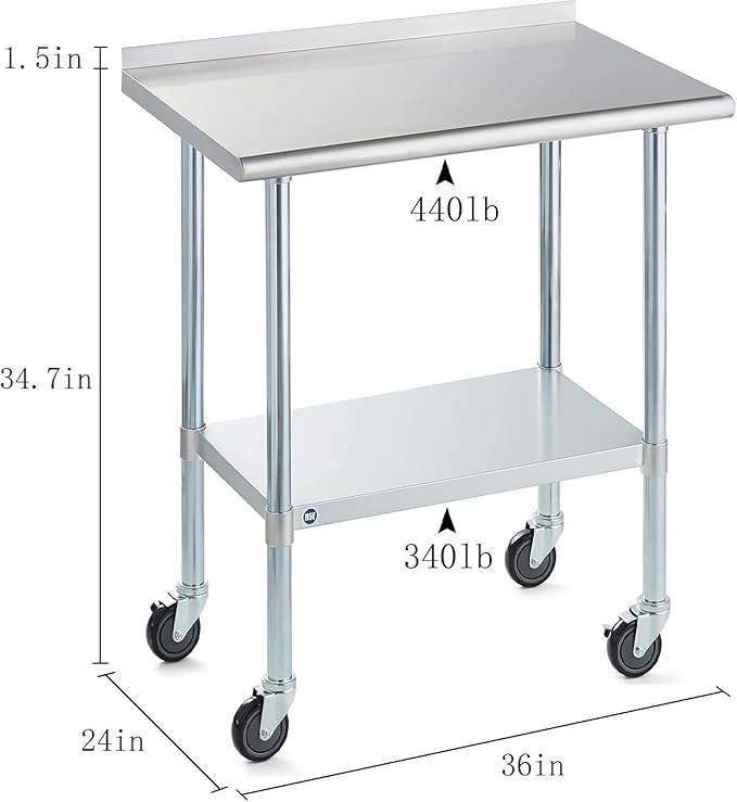 Stainless Steel Table for Prep & Work with Caster & Backsplash 24x36 Inches, NSF Metal Commercial Kitchen Heavy Duty Table with Adjustable Under Shelf and Table Foot for Restaurant, Home and Hotel