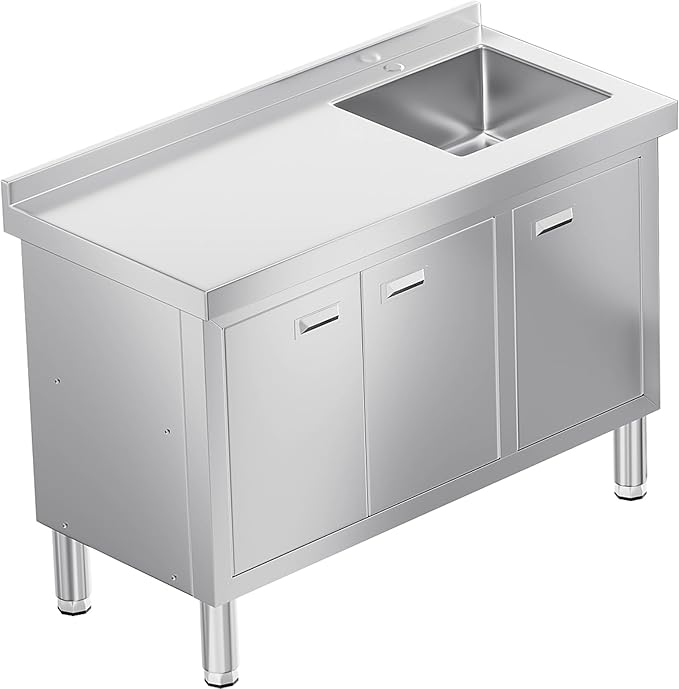 WWK 47" x 21" Stainless Steel Sink with Cabinet, Freestanding Utility Sink Laundry Sink, Heavy Duty Commercial Kitchen Sink for Outdoor, Restaurant, Hotel, Cafe, and Garage, 21D x 47W x 35H inches