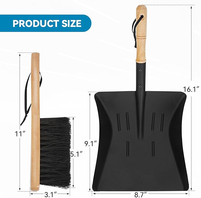 G GOOD GAIN Fireplace Ash Shovel and Brush Set -Rust Resistant Metal Fireplace Shovel for Ash Cleaning, Fireplace Tools Set Indoor & Outdoor for Stoves, Fireplace Broom and Dustpan Set for Fire Pit