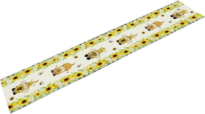Summer Sunflower Gnome Table Runner, Buffalo Plaid Bee Farmhouse Seasonal Table Decoration for Outdoor Home Party Kitchen Dining Holiday 13x36in