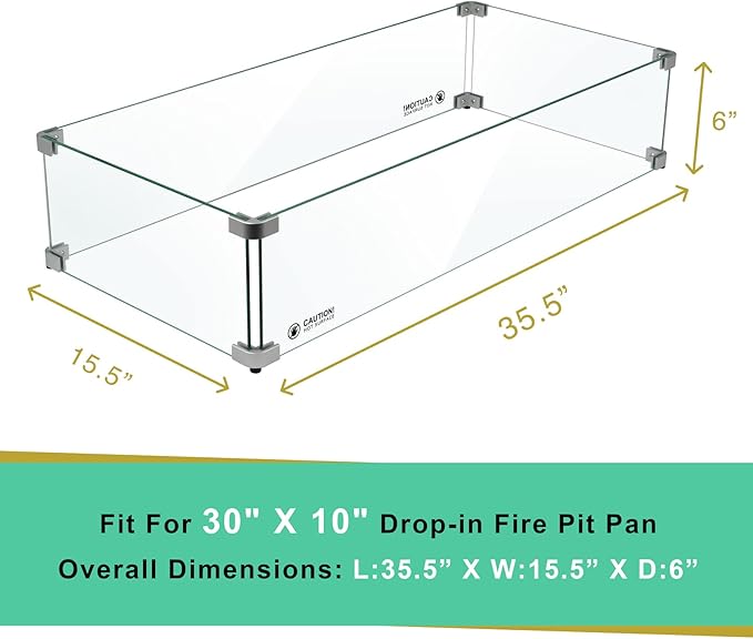 Holy Fire 35.5" L x 15.5" x 6" Rectangle Fire Pit Glass Wind Guard Clear Tempered Glass Flame Protective Pane Wind Resistant - Fits 30”x10 Fire Pit Burner Pan