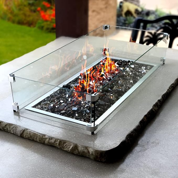 Holy Fire 35.5" L x 11.5" x 6" Rectangle Fire Pit Glass Wind Guard Clear Tempered Glass Flame Protective Pane Wind Resistant - Fits 30”x6 Fire Pit Burner Pan