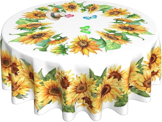 Sunflower's Round Tablecloth Sunflower Tablecloth 60 Inch Waterproof Rustic Table Cloth Fabric Farmhouse Stripe Decorative for Picnic Party Holiday Home Indoor Outdoor