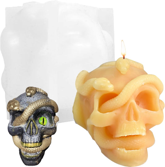 Halloween Snake Winding Skull Candle Silicone Mold, DIY 3.7 Inch Ghost Skull Candle Making Wax Moulds Gypsum Ornament Resin Soap Molds Casting Art Home Decor