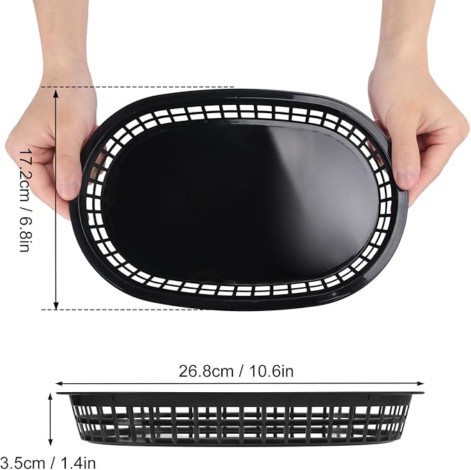 60 Pack Black Fast Food Baskets, 10.6 x 6.7 Inch Oval Black Plastic Food Baskets for Burgers, Fries, Sandwiches, Hot Dogs, Barbecues, Picnics, Parties, Durable and Safe