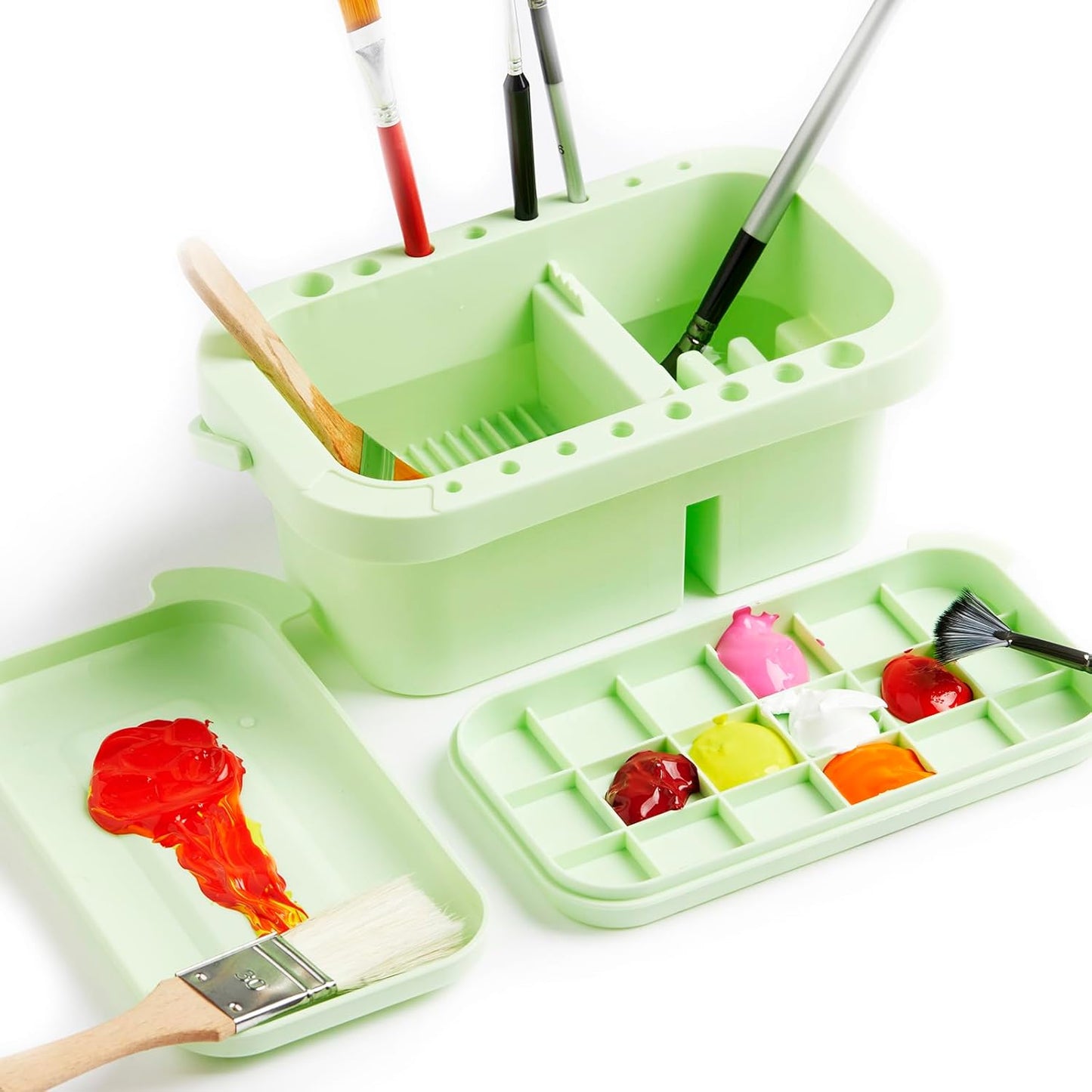 SEVENY Paint Brush Washer, Artist Basin with Lid & Sponges, Oil Painting Studio Organizer for Acrylic, Watercolor, and Water-Based Paints(Green)