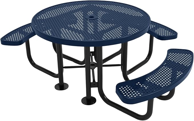 COATEDOUTDOORFURNITURE Heavy-Duty Portable Outdoor Picnic Table with Umbrella Hole, Punched Steel Patio Dining Furniture Made in America (46" Round Top, Textured Dark Blue)