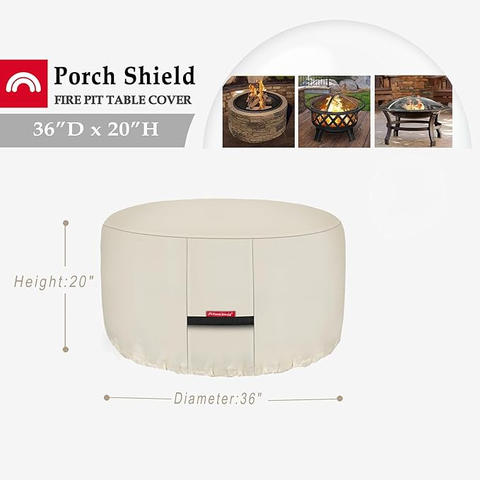 Porch Shield Fire Pit Cover - Waterproof 600D Heavy Duty Fade Resistant Round Patio Fire Bowl Cover Beige - 36 inch