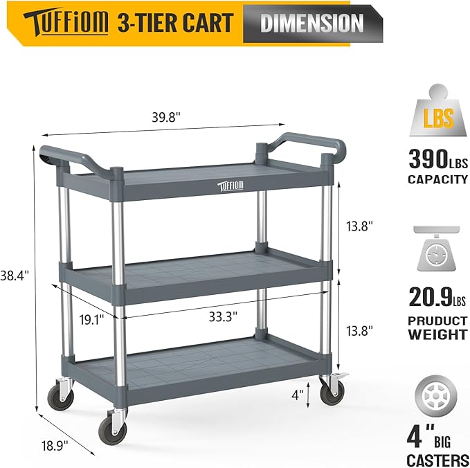 TUFFIOM Plastic Service Utility Cart with Wheels,Heavy Duty 450lbs Capacity, 3-Tier Commercial Rolling, Ideal for Restaurant, Foodservice, Office, Warehouse, Gray 40.4''L x 19.7''W x 38.6''H