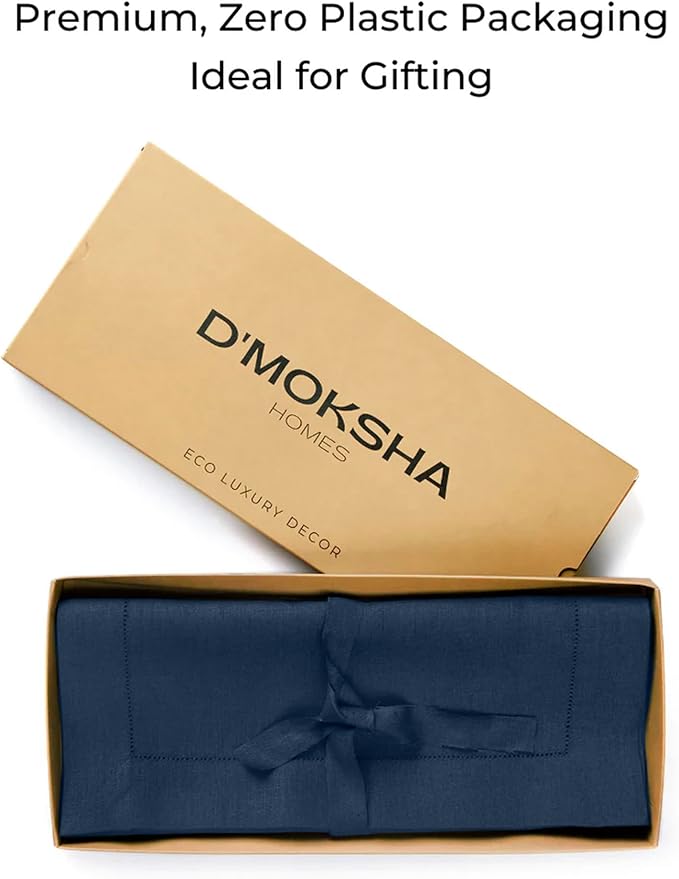 D'Moksha Homes Linen Navy Blue Table Runner 132 Inches Long - 100% Pure Linen Extra Long Table Runner 14 x 132 Inch for Easter - Classic Hemstitch