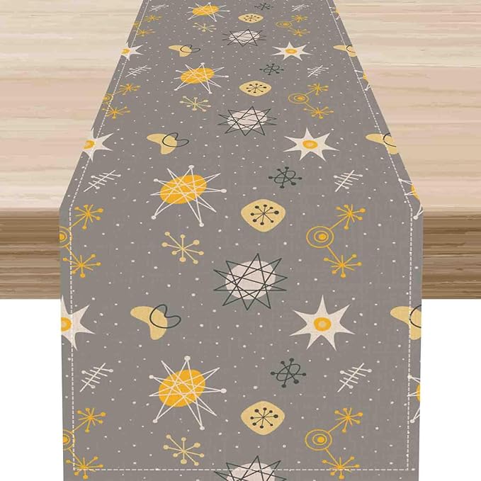 Mid Century Modern Table Runner, Retro 1950s 1960s Atomic Abstract Gray Cute Coffee Table Center Decor for Home Kitchen Dining Patio Holiday Party Indoor Outdoor Table Decorations, 13"x90" Inch