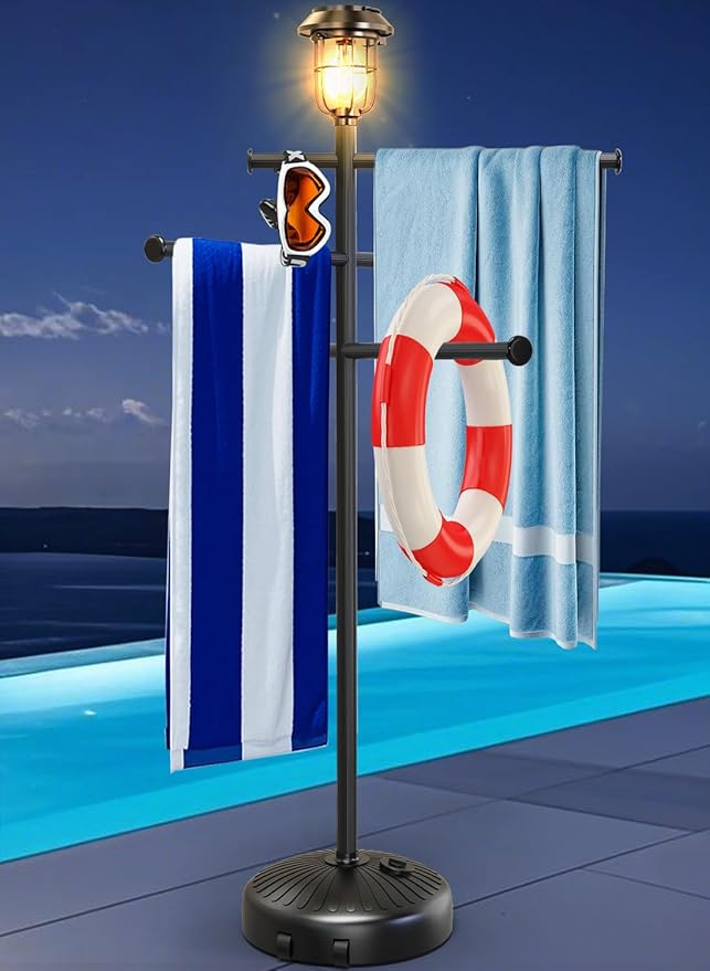 Solar Light Pool Towel Rack with Wheels – 63" Tall Adjustable Outdoor Towel Rack for Patio, Bathroom, Hot Tub