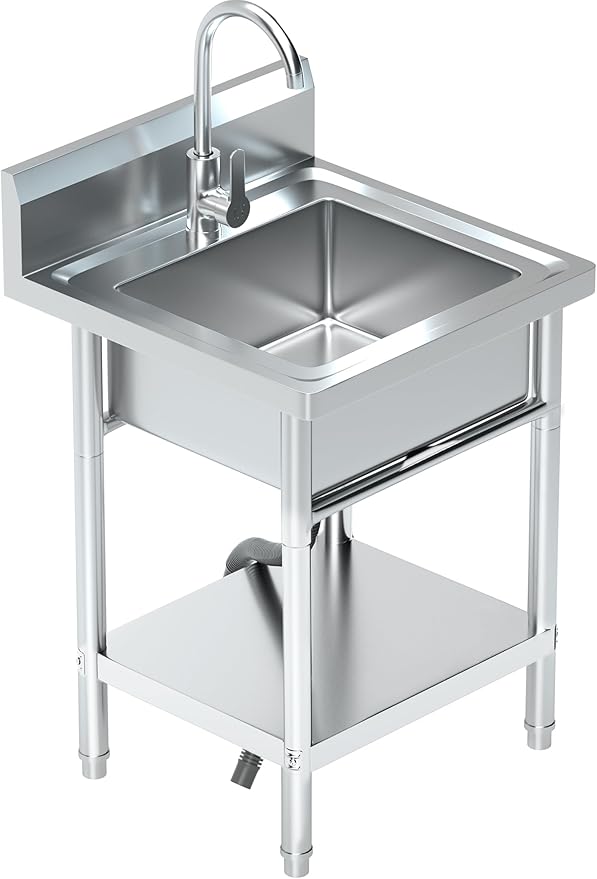 20Inch Stainless Steel Utility Sink with Hot/Cold Water Plumbing & Shelf for Kitchen, Bathroom, Laundry