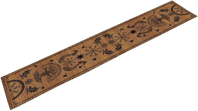 Viking Table Runners, Viking Tree of Life Raven Helmet of Awe Wood Print Table Runner for Home Kitchen Coffee Dining Room Bedroom Party 13x108in