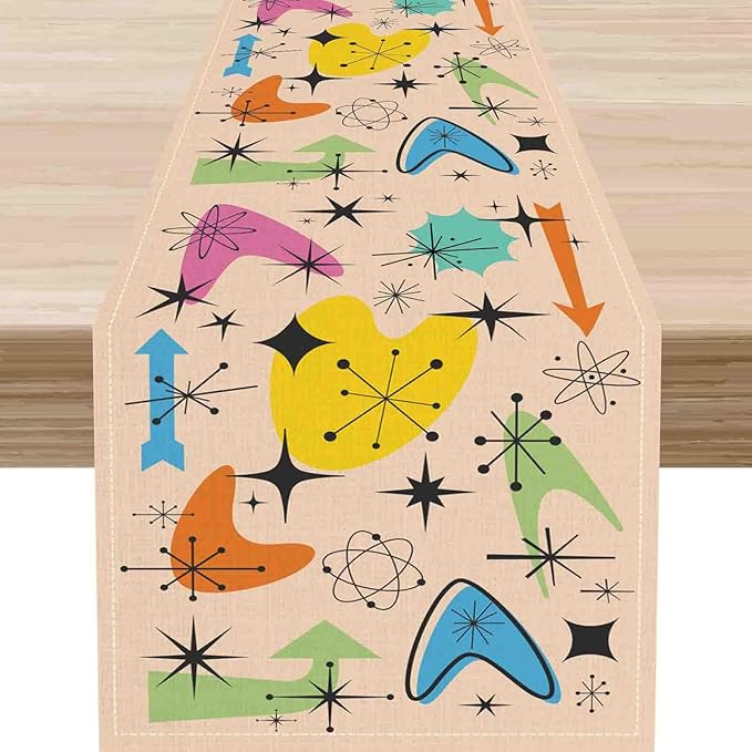 Mid Century Table Runner, Retro 1950s Atomic Minimalist Modern Abstract Geometric Colorful Coffee Table Center Decor for Home Kitchen Dining Patio Holiday Party Table Decorations, 13"x90" Inch