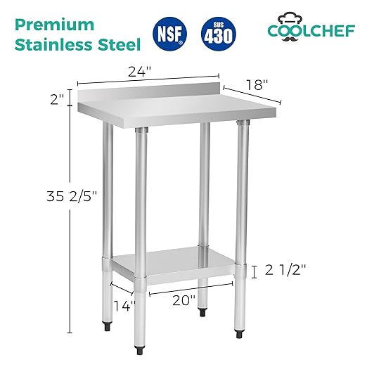 Stainless Steel Work Table 18 x 24 Inch, NSF Commercial Prep Table with Undershelf, Heavy Duty Food Prep Workstation with Backsplash
