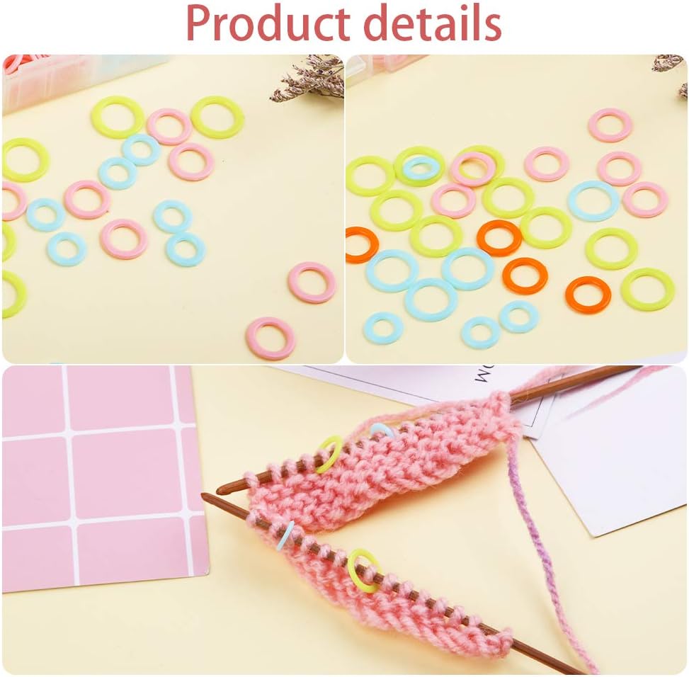 LUNARM 220 Pcs Knitting Stitch Marker, Random Colors O-Rings with Storage Box, Plastic Markers Rings(S/M/L) Crochet Locking Stitch for Knitting/Crochet