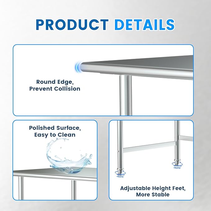 Treshin Open Base Stainless Steel Table 30" X 48", Commercial Heavy Duty Prep & Work Table for Kitchen, Restaurant, Home, Hotel, Laundry