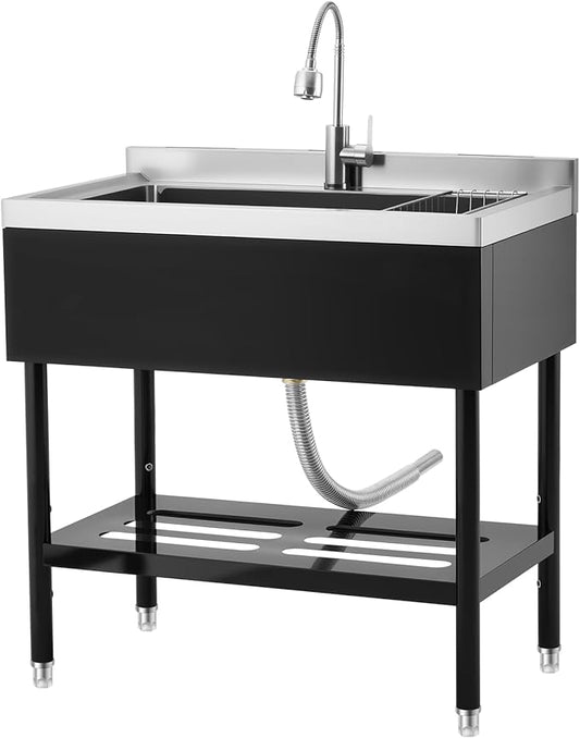 Stainless Steel Utility Sink, 36 x 20 x 35.5 Inch Freestanding Commercial Sink, Adjustable Leg with Hot and Cold Water Faucet, Hoses and Drain Kit, for Kitchen, Garage, Bathroom, Outdoor Use Black