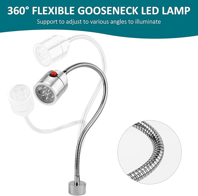 Magnetic Work Light, LED Machine Light with Flexible Gooseneck and Magnetic Base, Shop Tool Lamp for Lathe, Work Bench, Sewing Machine, Grill, Desk, Industrial Lighting Silver
