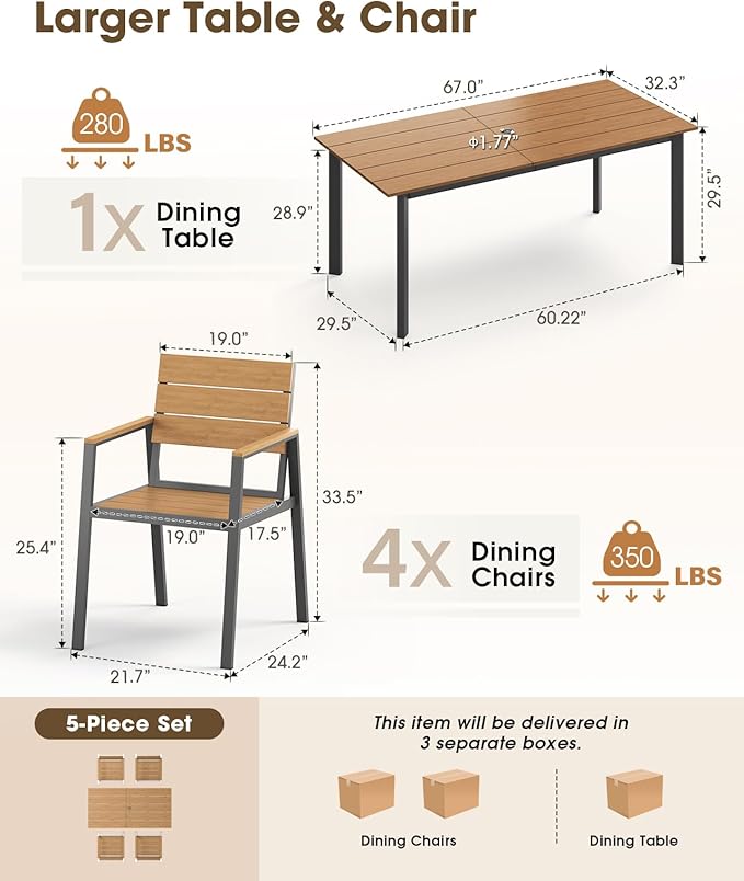 Outdoor Patio Dining Sets, Aluminum&HDPS 5 Piece Dining Table Set with Umbrella Hole, Modern Rectangular Patio Furniture Set with All-Weather Table and 4 Chairs (Gray & Teak)